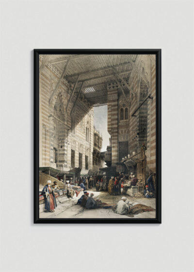 Plakat w drewnianej czarnej ramce: Bazar w Kairze David Roberts orientalna litografia