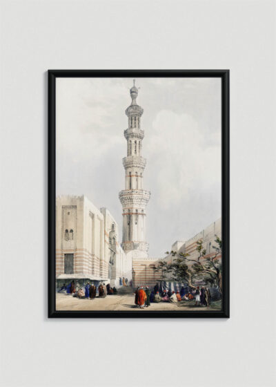 Plakat w drewnianej czarnej ramce: Minaret meczetu w Kairze David Roberts