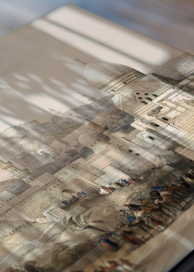 Zbliżenie na detale plakatu: Panorama Kairu David Roberts orientalizm Egipt