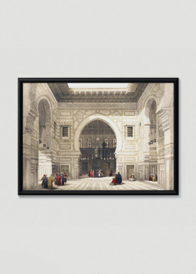 Plakat w drewnianej czarnej ramce: wnętrze meczetu w Kairze David Roberts