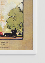 Zbliżenie na detale plakatu oprawionego w drewnianą białą ramkę od Plakatello®: Metropolitan Tower Nowy Jork vintage Elmer