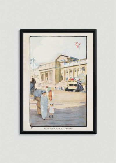 Plakat w drewnianej czarnej ramce: Nowojorska Biblioteka Publiczna vintage retro