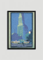 Plakat w drewnianej czarnej ramce: Woolworth Building nocą Nowy Jork art deco vintage