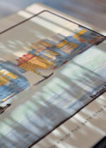 Zbliżenie na detale plakatu: Nowy Jork z promu akwarela Rachael Robinson Elmer