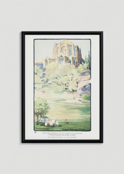 Plakat w drewnianej czarnej ramce: Katedra św. Jana z Morningside Park Nowy Jork vintage