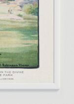 Zbliżenie na detale plakatu oprawionego w drewnianą białą ramkę od Plakatello®: Katedra św. Jana z Morningside Park Nowy Jork vintage