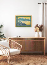 Aranżacja wnętrza, na ścianie wisi plakat w ramce: Brooklyn Bridge późnym popołudniem Nowy Jork vintage