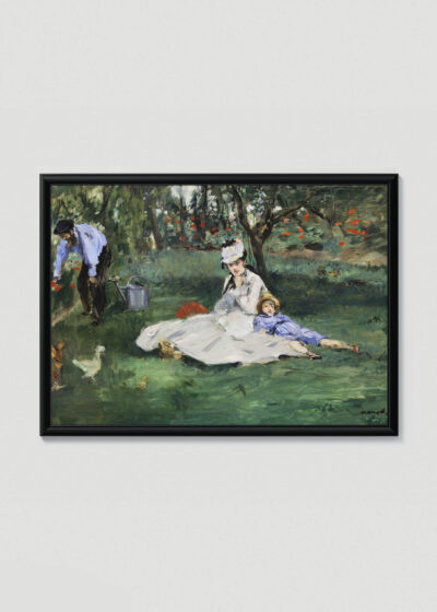 Plakat w drewnianej czarnej ramce: Rodzina Monet w ogrodzie Édouard Manet impresjonizm