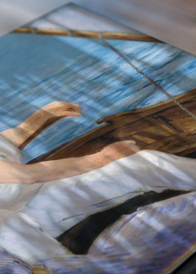Zbliżenie na detale plakatu: Łódka Édouard Manet impresjonizm reprodukcja