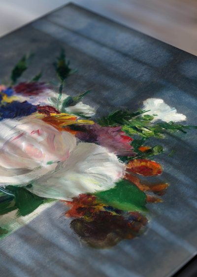 Zbliżenie na detale plakatu: bukiet kwiatów wazon Édouard Manet impresjonizm