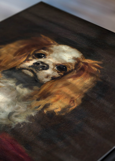 Zbliżenie na detale plakatu: pies spaniel Cavalier King Charles Édouard Manet