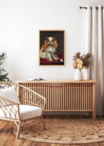 Aranżacja wnętrza, na ścianie wisi plakat w ramce: pies spaniel Cavalier King Charles Édouard Manet
