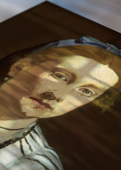 Zbliżenie na detale plakatu: portret kobiety Édouard Manet reprodukcja XIX wiek