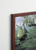 Plakat oprawiony w drewnianą brązową ramkę Vintage Italia: Manet marynistyczny żaglowiec parowiec morze XIX w