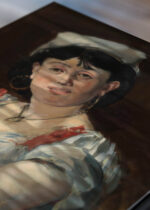 Zbliżenie na detale plakatu: Édouard Manet kobieta w czepku impresjonizm XIX w