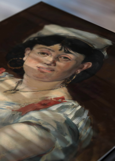 Zbliżenie na detale plakatu: Édouard Manet kobieta w czepku impresjonizm XIX w