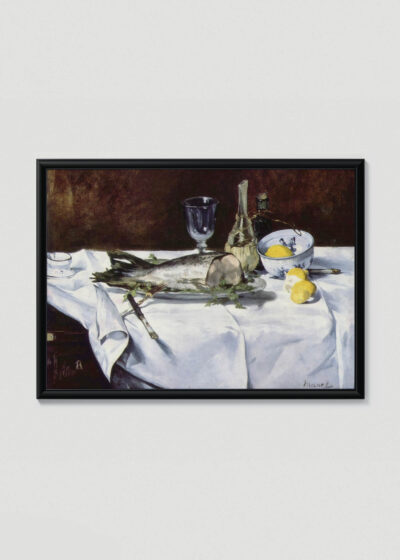 Plakat w drewnianej czarnej ramce: Martwa natura z łososiem Édouard Manet reprodukcja