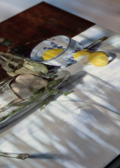 Zbliżenie na detale plakatu: Martwa natura z łososiem Édouard Manet reprodukcja
