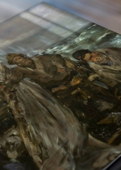 Zbliżenie na detale plakatu: Łodzie rybackie w sztormie Édouard Manet