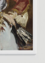 Zbliżenie na detale plakatu oprawionego w drewnianą białą ramkę od Plakatello®: Édouard Manet Portret Emilie Ambre w roli Carmen 1879