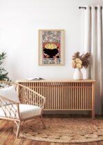 Aranżacja wnętrza, na ścianie wisi plakat w ramce: Ethel Reed Arabella and Araminta vintage 1895