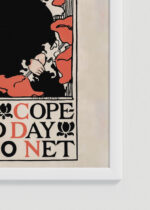 Zbliżenie na detale plakatu oprawionego w drewnianą białą ramkę od Plakatello®: Ethel Reed Arabella and Araminta vintage 1895