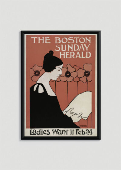 Plakat w drewnianej czarnej ramce: The Boston Sunday Herald Ethel Reed 1895 secesja