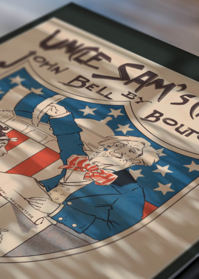 Zbliżenie na detale plakatu: Uncle Sam's Church Ethel Reed vintage USA