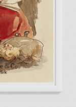 Zbliżenie na detale plakatu oprawionego w drewnianą białą ramkę od Plakatello®: vintage dziewczyna w czerwonej sukni Ethel Reed