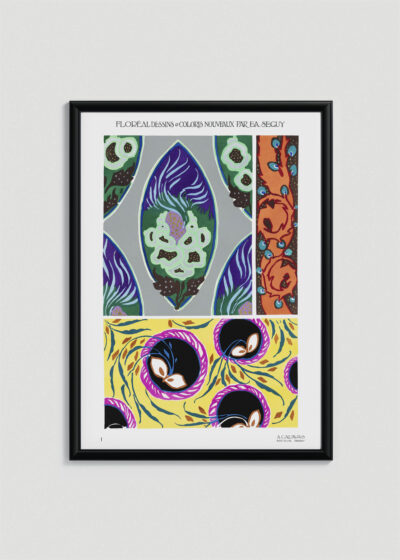 Plakat w drewnianej czarnej ramce: Eugène Séguy wzór roślinny Art Nouveau vintage