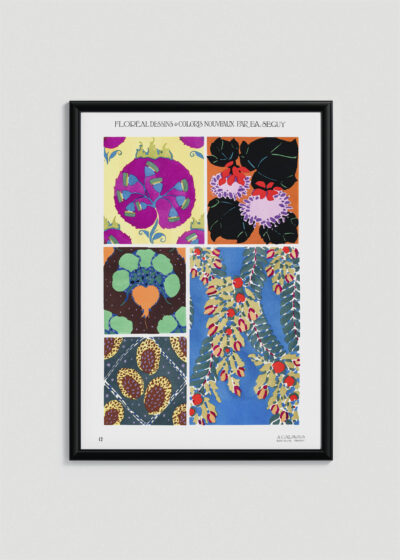 Plakat w drewnianej czarnej ramce: E.A. Séguy Art Nouveau motywy florystyczne vintage