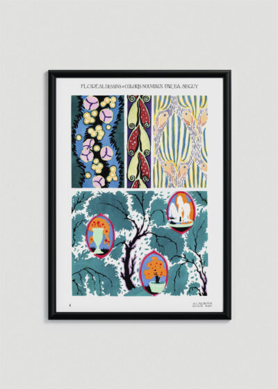 Plakat w drewnianej czarnej ramce: E.A. Séguy Floréal wzory roślinne Art Deco vintage
