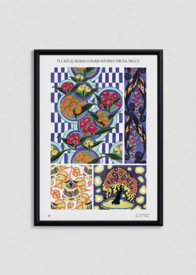 Plakat w drewnianej czarnej ramce: Séguy Floréal motywy floralne art nouveau vintage