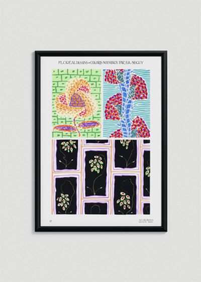 Plakat w drewnianej czarnej ramce: E.A. Séguy Floreal Art Déco wzory geometryczne