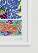 Zbliżenie na detale plakatu oprawionego w drewnianą białą ramkę od Plakatello®: Art Déco wzory floralne E.A. Séguy Floreal vintage