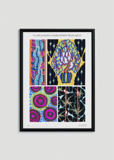 Plakat w drewnianej czarnej ramce: wzory florystyczne E.A. Séguy Art Deco vintage