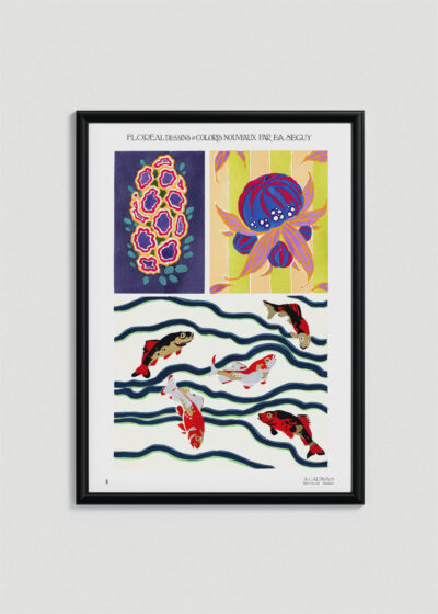Plakat w drewnianej czarnej ramce: botaniczny kwiaty ryby E.A. Séguy Art Nouveau