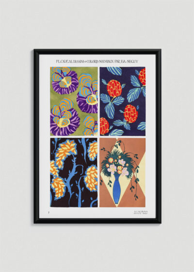 Plakat w drewnianej czarnej ramce: E.A. Séguy kwiaty art déco vintage botaniczny