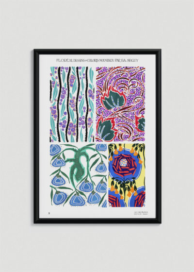 Plakat w drewnianej czarnej ramce: E.A. Séguy wzory florystyczne Art Nouveau vintage