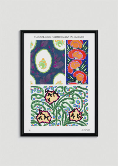 Plakat w drewnianej czarnej ramce: Séguy Art Nouveau motywy floralne secesja vintage