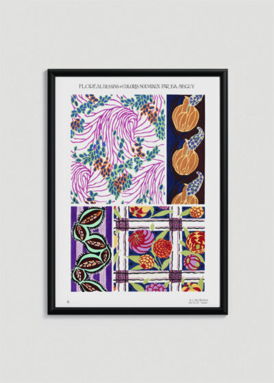 Plakat w drewnianej czarnej ramce: botaniczny E.A. Séguy Floréal Art Nouveau wzory