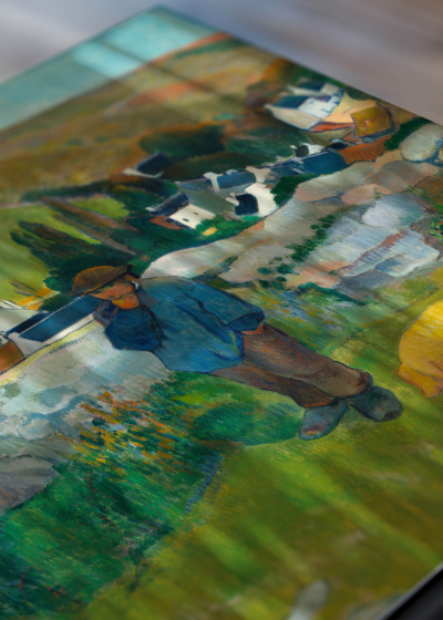 Zbliżenie na detale plakatu: Bretagne Paul Gauguin Pont-Aven pasterz owce