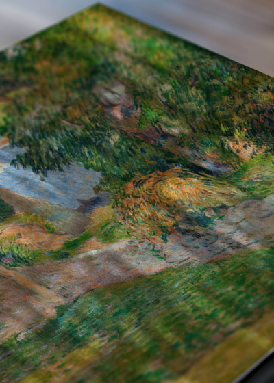Zbliżenie na detale plakatu: Paul Gauguin bretońska wieś postimpresjonizm