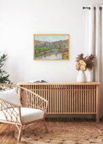 Aranżacja wnętrza, na ścianie wisi plakat w ramce: Paul Gauguin pejzaż bretoński postimpresjonizm