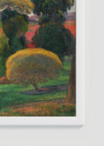 Zbliżenie na detale plakatu oprawionego w drewnianą białą ramkę od Plakatello®: Paul Gauguin pejzaż tahitański Polinezja vintage