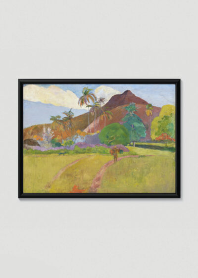 Plakat w drewnianej czarnej ramce: Tahitian Landscape Paul Gauguin postimpresjonizm