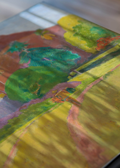 Zbliżenie na detale plakatu: Tahitian Landscape Paul Gauguin postimpresjonizm