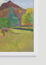 Zbliżenie na detale plakatu oprawionego w drewnianą białą ramkę od Plakatello®: Tahitian Landscape Paul Gauguin postimpresjonizm