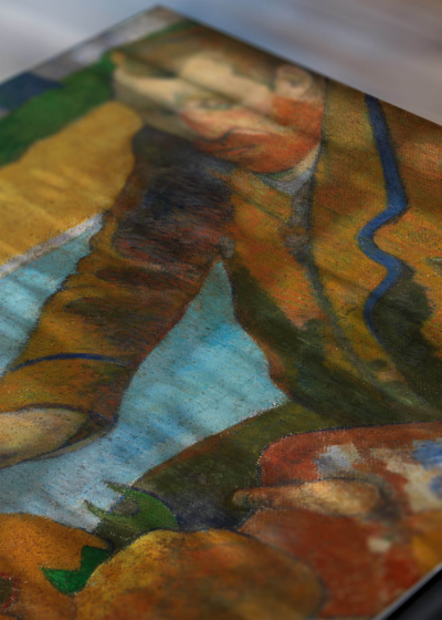 Zbliżenie na detale plakatu: Paul Gauguin Van Goghs w krzesłach 1888 reprodukcja