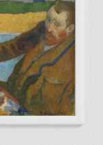 Zbliżenie na detale plakatu oprawionego w drewnianą białą ramkę od Plakatello®: Paul Gauguin Van Goghs w krzesłach 1888 reprodukcja